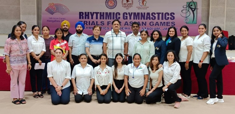 Ashutosh Sharma, president, JKOA posing along with Rhythmic Gymnasts after selection trials at Jammu. Ashutosh Sharma, president, JKOA posing along with Rhythmic Gymnasts after selection trials at Jammu.