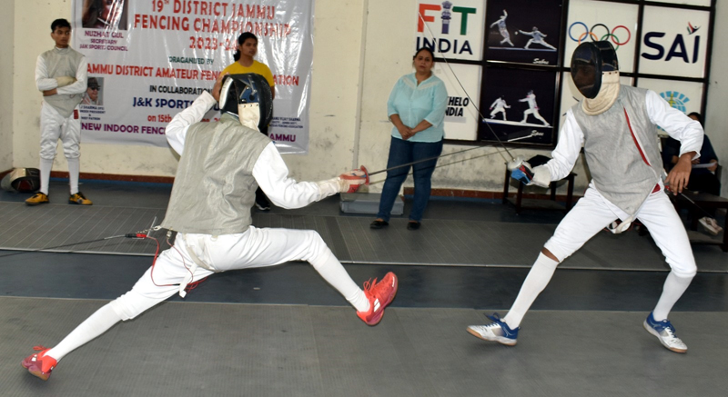 Fencers displaying skills during 19th District Fencing Championship at Jammu. Fencers displaying skills during 19th District Fencing Championship at Jammu.
