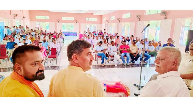 MP Jugal Kishore Sharma, former Minister, Ch Sukhnandan and BJP district president, Omi Khajuria during farmers Sammelan at Marh on Monday. MP Jugal Kishore Sharma, former Minister, Ch Sukhnandan and BJP district president, Omi Khajuria during farmers Sammelan at Marh on Monday.