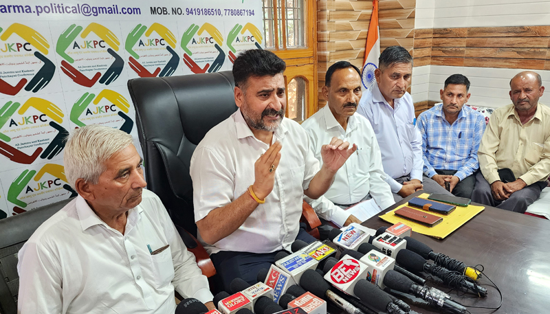 AJKPC president Anil Sharma addressing media persons in Jammu on Tuesday. AJKPC president Anil Sharma addressing media persons in Jammu on Tuesday.