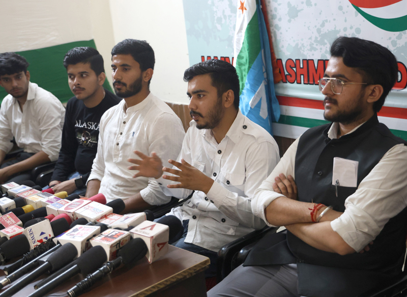 NSUI leaders addressing a press conference at Jammu on Friday. - Excelsior/Rakesh NSUI leaders addressing a press conference at Jammu on Friday. - Excelsior/Rakesh