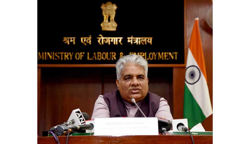 Union Minister for Environment, Forest and Climate Change, Labour and Employment, Bhupender Yadav briefing the media about Nine Year Achievements of the Ministry of Labour and Employment, in New Delhi on Thursday. (UNI) Union Minister for Environment, Forest and Climate Change, Labour and Employment, Bhupender Yadav briefing the media about Nine Year Achievements of the Ministry of Labour and Employment, in New Delhi on Thursday. (UNI)