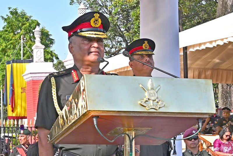Army Chief General Manoj Pande addressing the IMA cadets at the passing out parade at Indian Military Academy, in Dehradun on Saturday. (UNI)