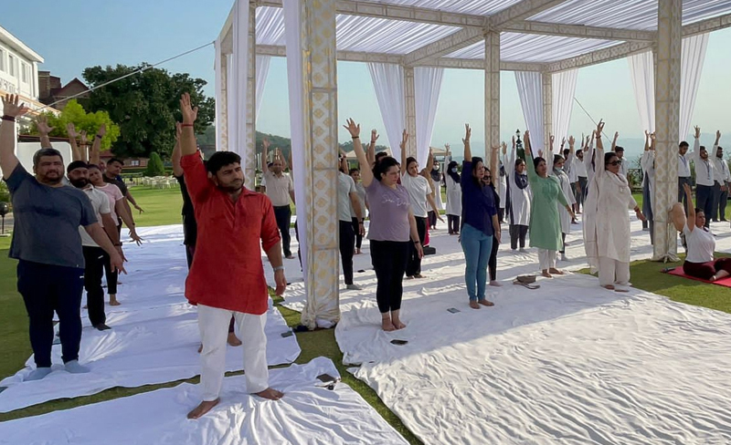 Medical practitioners practicing yoga at Hari Niwas Palace in Jammu on Sunday. Medical practitioners practicing yoga at Hari Niwas Palace in Jammu on Sunday.