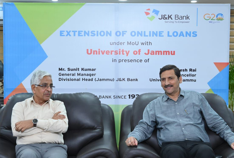 JU Vice-Chancellor, Prof Umesh Rai, and J&K Bank's Divisional Head, Sunit Kumar, during a programme in Srinagar on Thursday. JU Vice-Chancellor, Prof Umesh Rai, and J&K Bank's Divisional Head, Sunit Kumar, during a programme in Srinagar on Thursday.