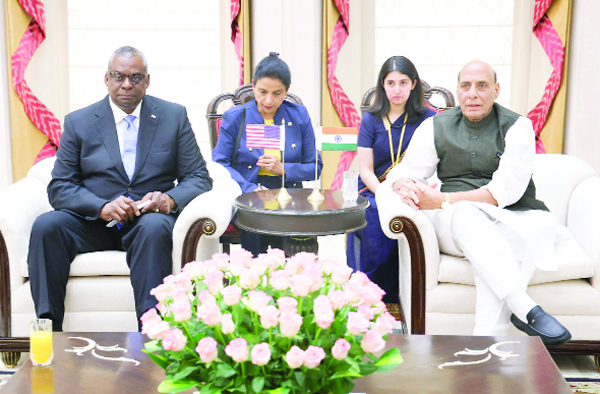 Defence Minister Rajnath Singh with US Secretary of Defence Lloyd Austin ahead of their bilateral meeting in New Delhi on Monday. (UNI) Defence Minister Rajnath Singh with US Secretary of Defence Lloyd Austin ahead of their bilateral meeting in New Delhi on Monday. (UNI)