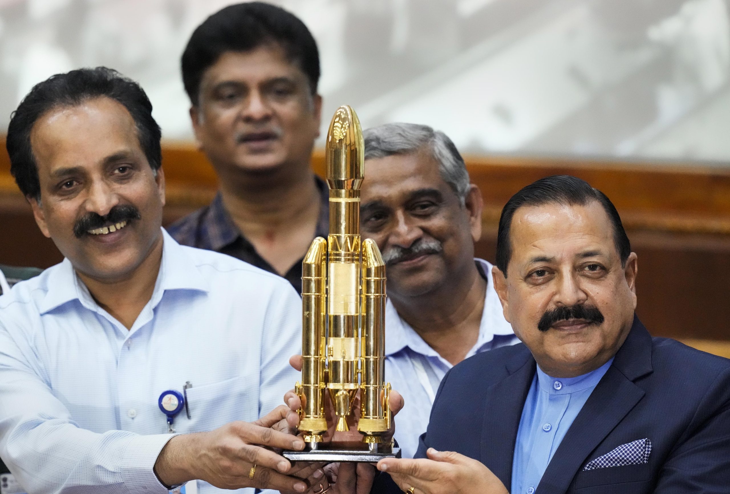 ISRO's Chandrayaan-3 Lunar Mission PC Union MoS (Ind. Charge) for Science & Technology and Atomic Energy & Space Jitendra Singh with ISRO Chairman S. Somanath and other scientists poses for photos during a press conference after the successful launch of ISRO's Mark-III (LVM3) M4 rocket carrying 'Chandrayaan-3' from the launch pad at Satish Dhawan Space Centre, in Sriharikota, Friday, July 14, 2023.