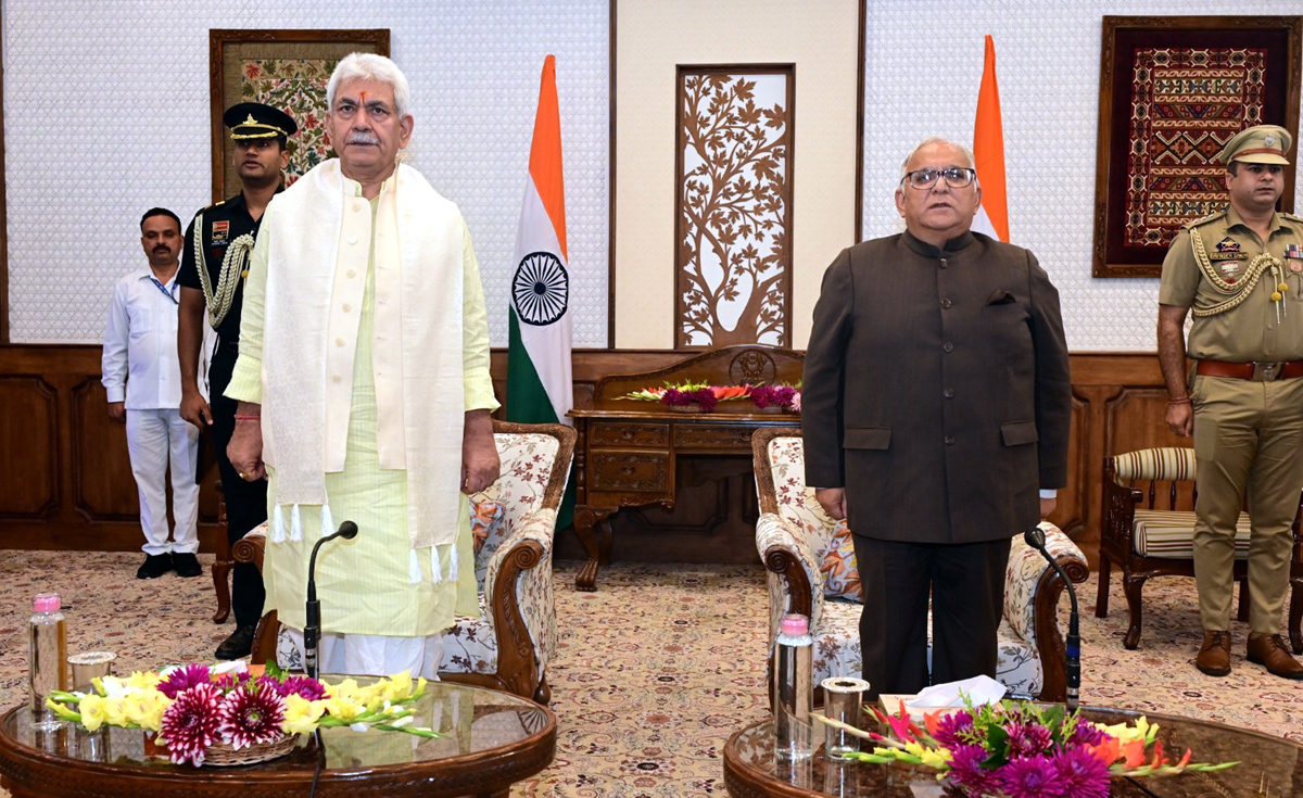 Sec Braj Raj Sharma with LG Manoj Sinha during oath ceremony in Raj Bhawan. Sec Braj Raj Sharma with LG Manoj Sinha during oath ceremony in Raj Bhawan.