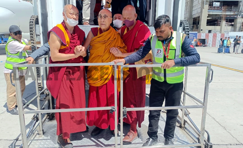 Tibetan spiritual leader The Dalai Lama on his arrival in Leh on Tuesday. -Excelsior/Stanzin Dorjay Tibetan spiritual leader The Dalai Lama on his arrival in Leh on Tuesday. -Excelsior/Stanzin Dorjay