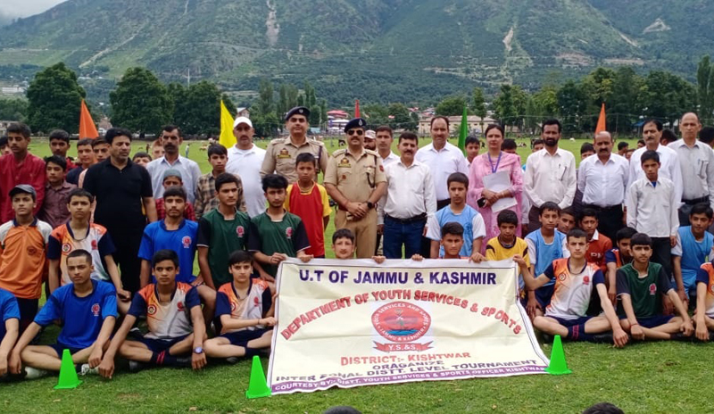 Players gathered for a group photograph during Inter-Zonal District Level Championship at Kishtwar with dignitaries. Players gathered for a group photograph during Inter-Zonal District Level Championship at Kishtwar with dignitaries.