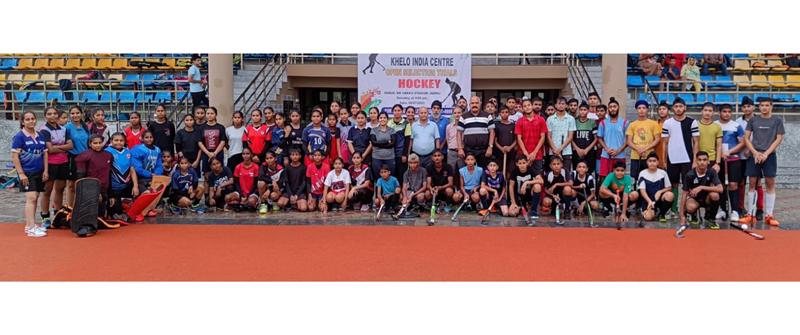 Hockey players posing for a group photograph with JKSC officials during selection trials at K.K Hakku Stadium, Jammu on Sunday. Hockey players posing for a group photograph with JKSC officials during selection trials at K.K Hakku Stadium, Jammu on Sunday.