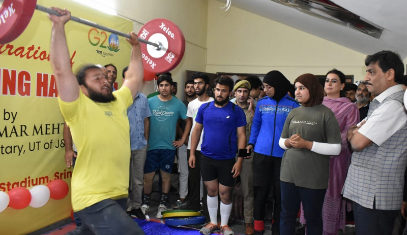 Chief Secretary Dr Arun Kumar Mehta watching the weightlifter during inauguration of modern Gymnasium and Weightlifting Hall at Bakshi Stadium, Srinagar on Friday. Chief Secretary Dr Arun Kumar Mehta watching the weightlifter during inauguration of modern Gymnasium and Weightlifting Hall at Bakshi Stadium, Srinagar on Friday.
