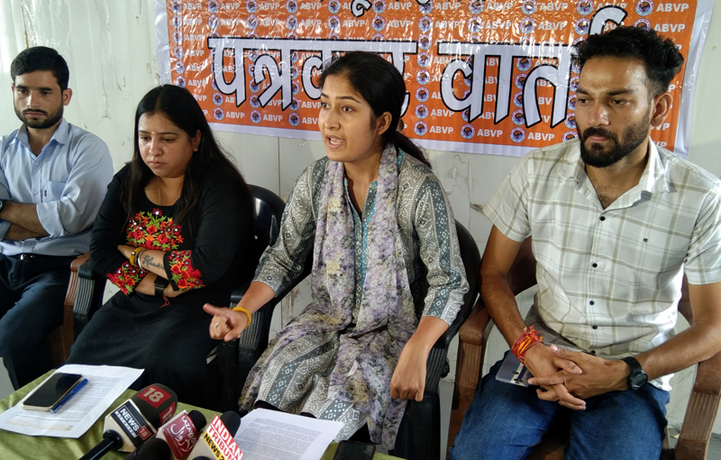 ABVP leaders addressing a press conference at Jammu on Thursday. -Excelsior/Rakesh ABVP leaders addressing a press conference at Jammu on Thursday. -Excelsior/Rakesh