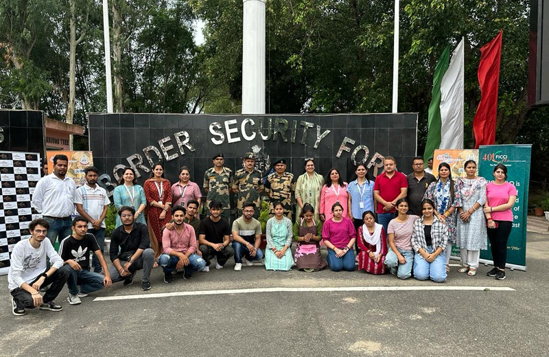 Dignitaries from FICCI FLO JKL, BSF officers and jawans, and artists during an art camp organised at Octroi Post Suchetgarh on Friday.