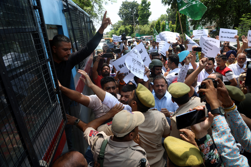 PDP activists staging protest in Jammu on Saturday. -Excelsior/Rakesh PDP activists staging protest in Jammu on Saturday. -Excelsior/Rakesh