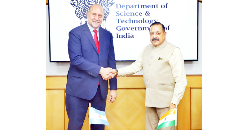 Argentina Governor of Santa Fe province, Omar Angel Perotti, accompanied by a high level delegation, calling on Union Minister Dr Jitendra Singh at CSIR headquarters, New Delhi on Monday. Argentina Governor of Santa Fe province, Omar Angel Perotti, accompanied by a high level delegation, calling on Union Minister Dr Jitendra Singh at CSIR headquarters, New Delhi on Monday.