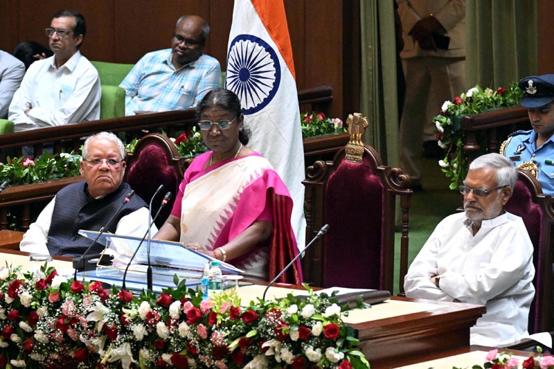 President Droupadi Murmu addressing the members of Rajasthan Legislative Assembly in Jaipur on Friday. (UNI)