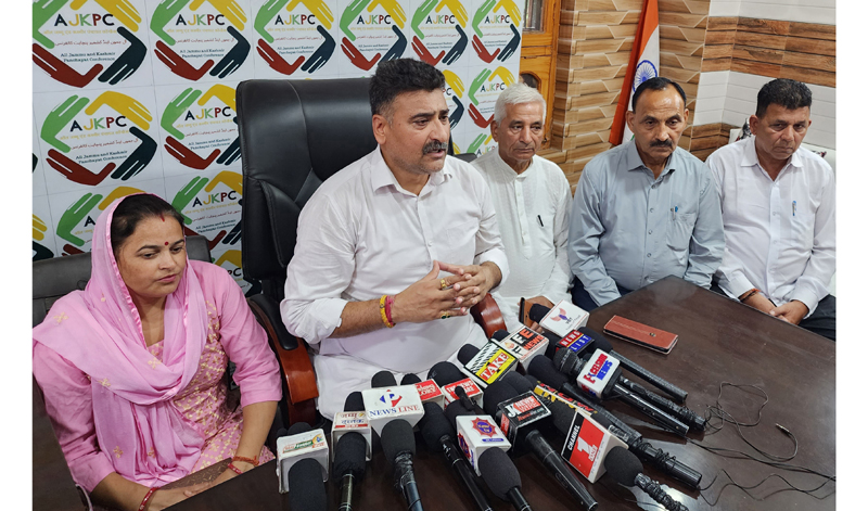 AJKPC president, Anil Sharma addressing a press conference at Jammu on Saturday. -Excelsior/Rakesh AJKPC president, Anil Sharma addressing a press conference at Jammu on Saturday. -Excelsior/Rakesh
