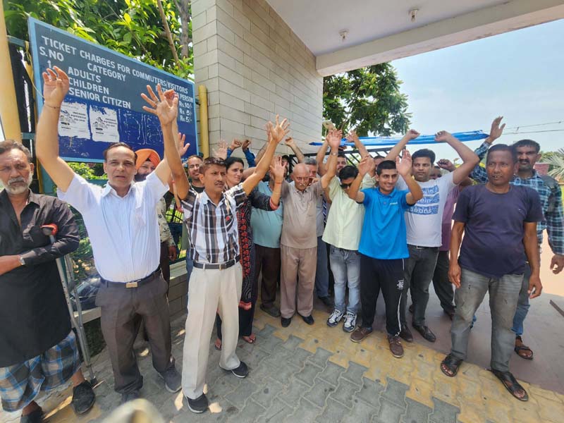 Physically challenged persons raise slogans during a protest at Jammu on Saturday. Physically challenged persons raise slogans during a protest at Jammu on Saturday.