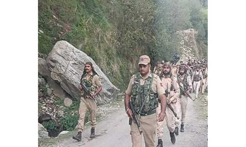 Police personnel on way to the site of encounter in Budhal area of Rajouri district on Saturday. -Excelsior/Imran Police personnel on way to the site of encounter in Budhal area of Rajouri district on Saturday. -Excelsior/Imran