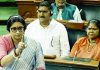 A tv grab shows Union Minister Smriti Irani speaks on the Motion of No-Confidence in the Lok Sabha during the Monsoon session of Parliament, in New Delhi on Wednesday. (UNI)