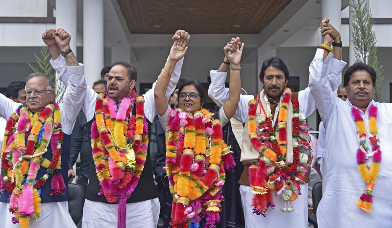 Congress leaders including Rajani Patil during a felicitation event held at the party headquarters in Srinagar on Saturday. - Excelsior/Shakeel Congress leaders including Rajani Patil during a felicitation event held at the party headquarters in Srinagar on Saturday. - Excelsior/Shakeel