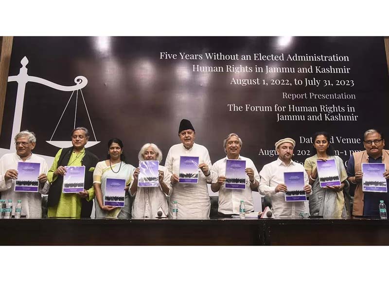 CPI(M) general secretary Sitaram Yechury, Congress MP Shashi Tharoor, DMK MP Kanimozhi, writer Radha Kumar, National Conference MP Dr Farooq Abdullah, CPI(M) leader Mohammed Yousuf Tarigami, NCP MP Supriya Sule and RJD MP Manoj Jha during the presentation of the report in New Delhi on Thursday. CPI(M) general secretary Sitaram Yechury, Congress MP Shashi Tharoor, DMK MP Kanimozhi, writer Radha Kumar, National Conference MP Dr Farooq Abdullah, CPI(M) leader Mohammed Yousuf Tarigami, NCP MP Supriya Sule and RJD MP Manoj Jha during the presentation of the report in New Delhi on Thursday.