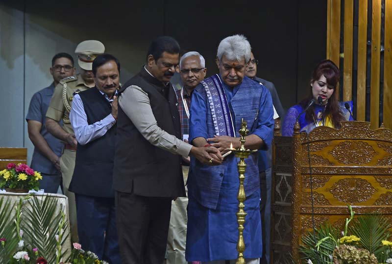 LG Manoj Sinha and Union MoS for Panchayati Raj Kapil Moreshwar at the Panchayat Conference in Srinagar on Monday. -Excelsior/Shakeel LG Manoj Sinha and Union MoS for Panchayati Raj Kapil Moreshwar at the Panchayat Conference in Srinagar on Monday. -Excelsior/Shakeel
