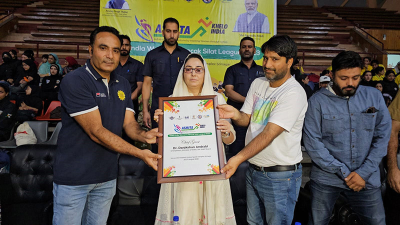 Dr Darakhshan Andrabi receiving memento during inaugural ceremony of Women's Pencak Silat League 2023 at Srinagar. Dr Darakhshan Andrabi receiving memento during inaugural ceremony of Women's Pencak Silat League 2023 at Srinagar.