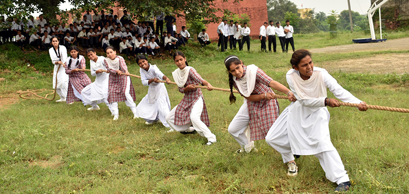 Female students in action during Tug of War competition at Birpur on Saturday. Female students in action during Tug of War competition at Birpur on Saturday.