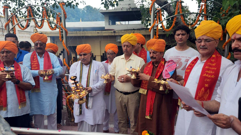 Gulchain Singh Charak and others performing religious rituals during Shri Shani Shilla Sthapna Divas celebration on Thursday. Gulchain Singh Charak and others performing religious rituals during Shri Shani Shilla Sthapna Divas celebration on Thursday.