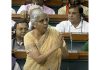 A tv grab shows Union Minister Nirmala Sitharaman speaks during the discussion on the Motion of No-Confidence in the Lok Sabha during the Monsoon session of Parliament, in New Delhi on Thursday. (UNI)