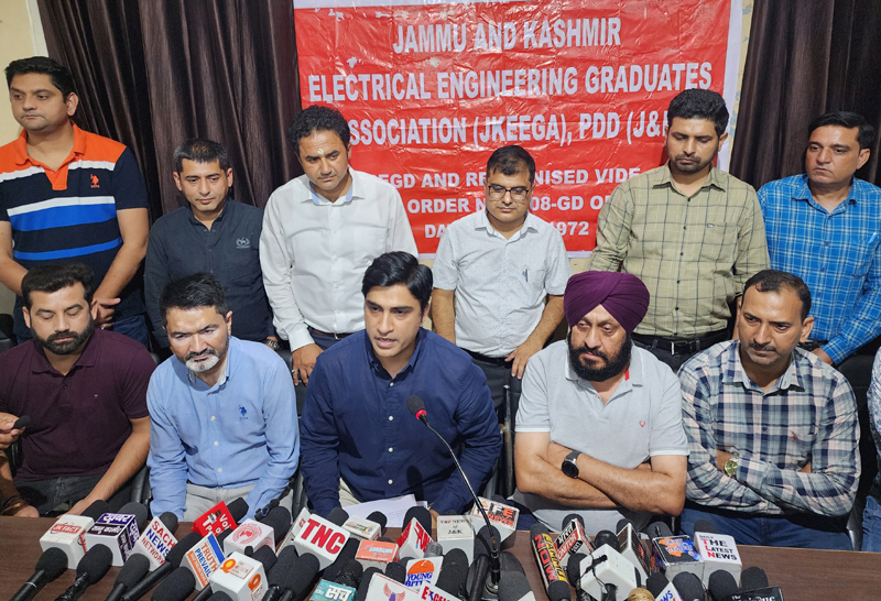 JKEEGA, president, Sachin Tickoo, flanked by others addressing press conference in Jammu on Tuesday. - Excelsior/Rakesh JKEEGA, president, Sachin Tickoo, flanked by others addressing press conference in Jammu on Tuesday. - Excelsior/Rakesh