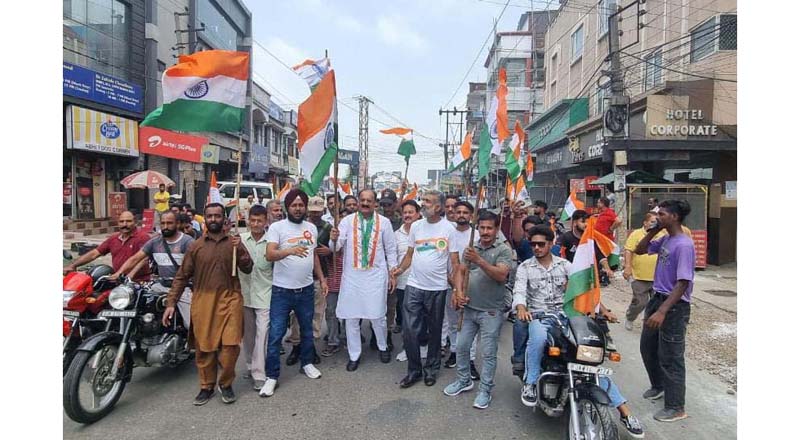 Surjit Singh Slathia leading the BJP's Tiranga Yatra from Bari Brahmana on Saturday. Surjit Singh Slathia leading the BJP's Tiranga Yatra from Bari Brahmana on Saturday.