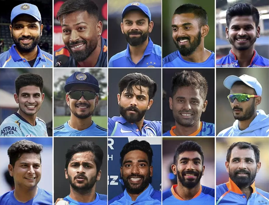 CRICKET Members of India's 15-member squad for the upcoming ICC World Cup 2023, from left in the top row, Captain Rohit Sharma, Vice Captain Hardik Pandya, Virat Kohli, KL Rahul and Shreyas Iyer; from left in the middle row, Shubman Gill, Ishan Kishan, Ravindra Jadeja, Suryakumar Yadav and Axar Patel; from left in the bottom row, Kuldeep Yadav, Shardul Thakur, Mohammed Siraj, Jasprit Bumrah and Mohammad Shami, who were picked by the BCCI Selection Committee.