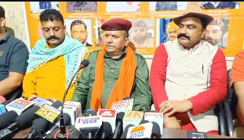 President of J&K Rajput Karni Sena addressing a press conference at Jammu on Friday. President of J&K Rajput Karni Sena addressing a press conference at Jammu on Friday.