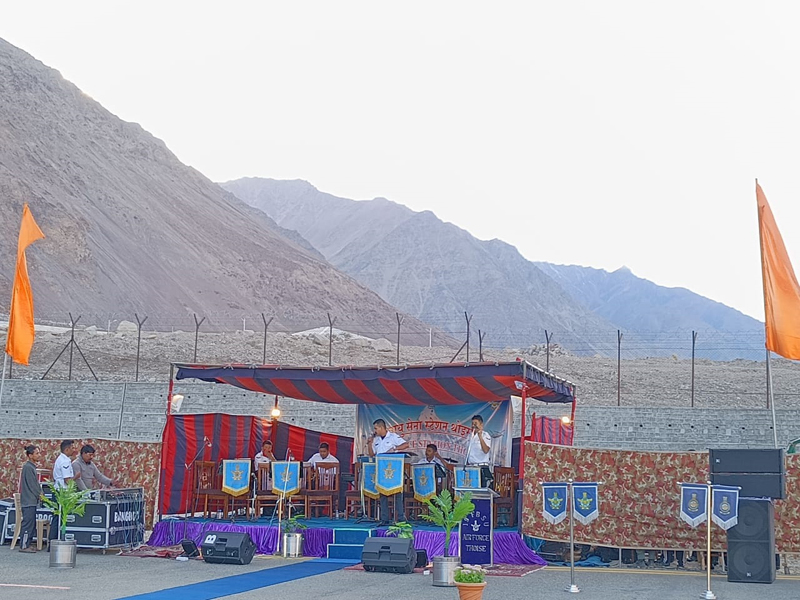 Indian Air Force band performance at Thoise air base in Ladakh to mark 91st anniversary of IAF. Indian Air Force band performance at Thoise air base in Ladakh to mark 91st anniversary of IAF.