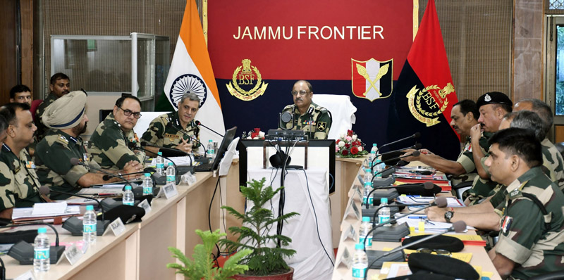 Special DG BSF Y B Khurania taking stock of security scenario on borders during a meeting at Jammu on Saturday. Special DG BSF Y B Khurania taking stock of security scenario on borders during a meeting at Jammu on Saturday.