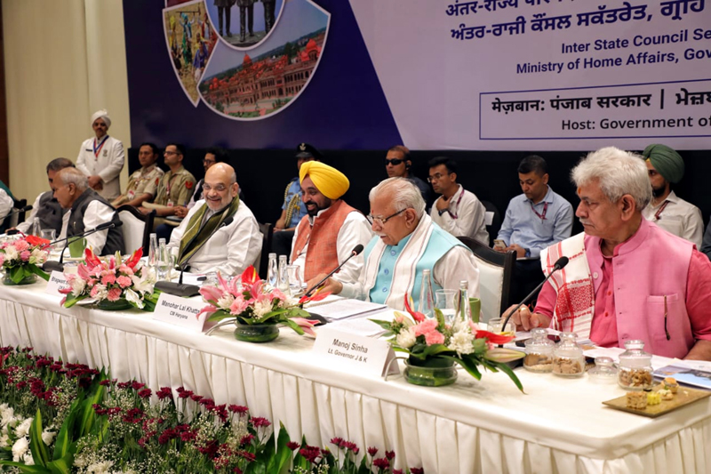 Union Home Minister Amit Shah with Governors and Chief Ministers of Northern States during the 31st Northern Zonal Council (NZC) meeting in Amritsar on Tuesday. J&K LG Manoj Sinha is also seen. (UNI) Union Home Minister Amit Shah with Governors and Chief Ministers of Northern States during the 31st Northern Zonal Council (NZC) meeting in Amritsar on Tuesday. J&K LG Manoj Sinha is also seen. (UNI)