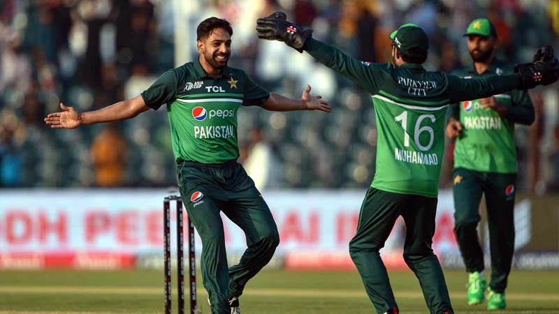 Haris Rauf of Pakistan celebrating his 4th wicket against Bangladesh at Lahore on Wednesday.