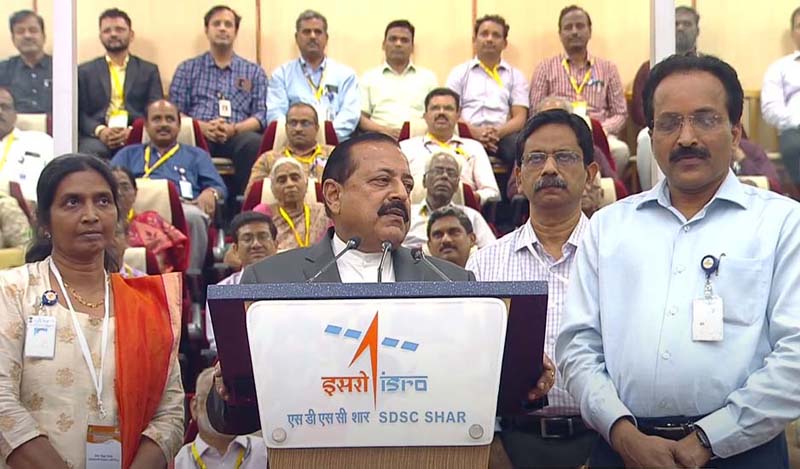 Union Minister Dr Jitendra Singh addressing the scientists after the successful launch of India's maiden Solar Mission 'Aditya-L1' at ISRO, Sriharikota on Saturday. Union Minister Dr Jitendra Singh addressing the scientists after the successful launch of India's maiden Solar Mission 'Aditya-L1' at ISRO, Sriharikota on Saturday.