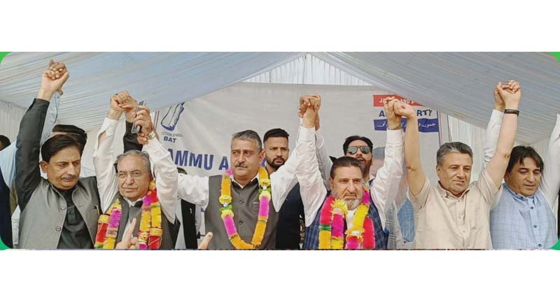 page3-2 Apni Party leaders Altaf Bukhari, GH Mir and others during public rally in Anantnag.