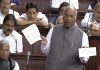 Leader of Opposition in Rajya Sabha Mallikarjun Kharge speaking in Rajya Sabha during the special session of Parliament, in New Delhi on Monday. (UNI)