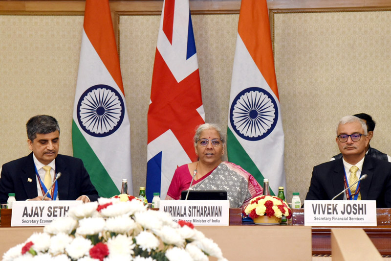 Union Minister for Finance and Corporate Affairs Nirmala Sitharaman attends the 12th annual India-UK Economic Financial Dialogue meeting with the Chancellor of the Exchequer of United Kingdom Jeremy Hunt, in New Delhi on Monday. (UNI) Union Minister for Finance and Corporate Affairs Nirmala Sitharaman attends the 12th annual India-UK Economic Financial Dialogue meeting with the Chancellor of the Exchequer of United Kingdom Jeremy Hunt, in New Delhi on Monday. (UNI)