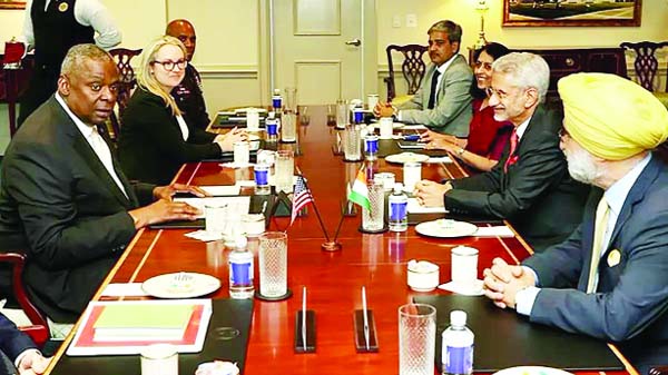 External Affairs Minister S. Jaishankar in a delegation-level meeting with US Secretary of Defense Lloyd Austin, in Washington, USA. External Affairs Minister S. Jaishankar in a delegation-level meeting with US Secretary of Defense Lloyd Austin, in Washington, USA.