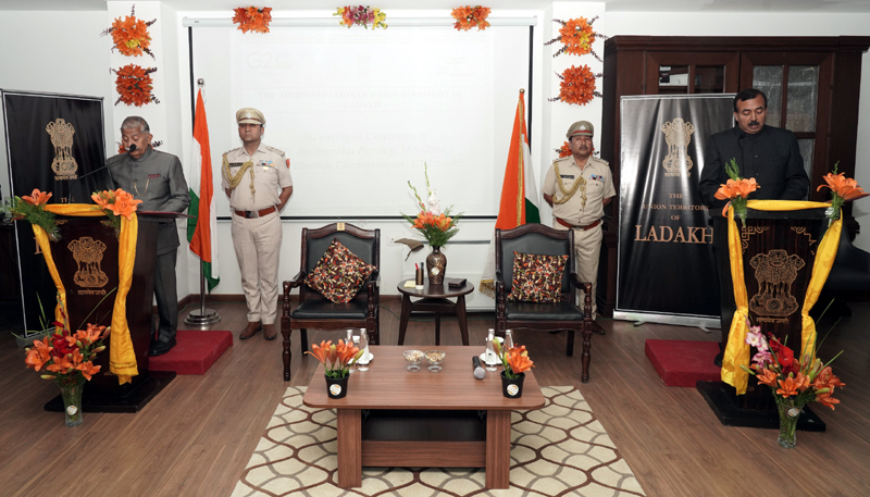 Ladakh LG Brig (Retd) B D Mishra administering oath to Sudanshu Pandey as the SEC on Saturday. Ladakh LG Brig (Retd) B D Mishra administering oath to Sudanshu Pandey as the SEC on Saturday.