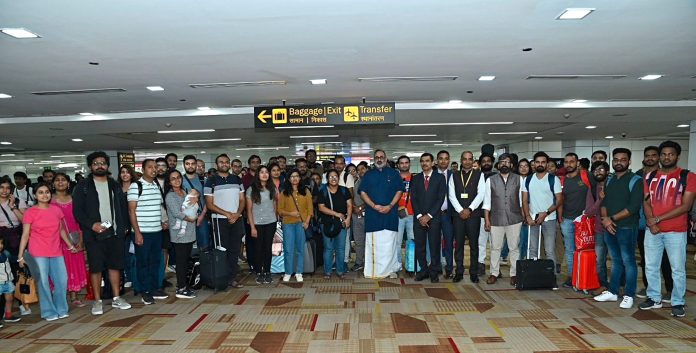 Indians evacuees from Israel arrive in Delhi Union Minister Rajeev Chandrasekhar receives Indian nationals evacuated from Israel under Operation Ajay, at airport in New Delhi.