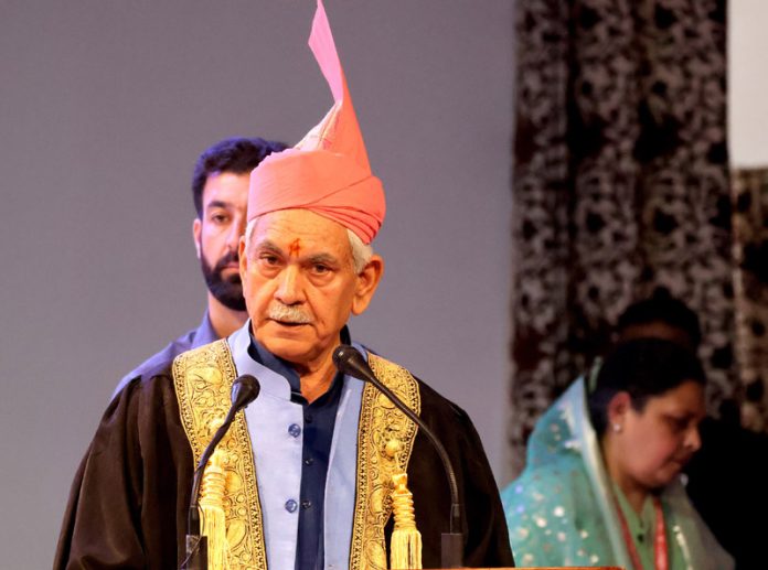 LG Manoj Sinha addressing Kashmir University convocation on Wednesday. -Excelsior/Shakeel LG Manoj Sinha addressing Kashmir University convocation on Wednesday. -Excelsior/Shakeel