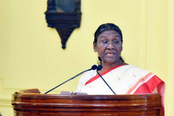 President Droupadi Murmu addressing an interfaith meet at Rashtrapati Bhavan, in New Delhi on Wednesday. (UNI)