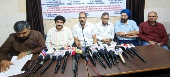 Graduate Civil Engineers addressing press conference in Jammu. -Excelsior/Rakesh